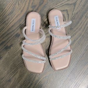 steve madden criss cross sparkle nude silver beige sandals 6.5 flat slides